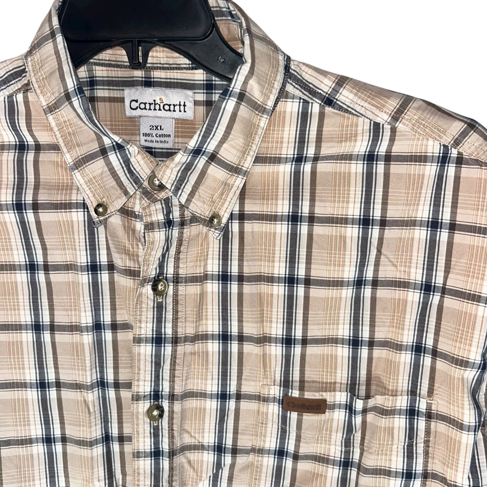 Carhartt Mens 2XL Plaid Button Up Short Sleeve Shirt Beige Blue Cotton - Picture 3 of 11